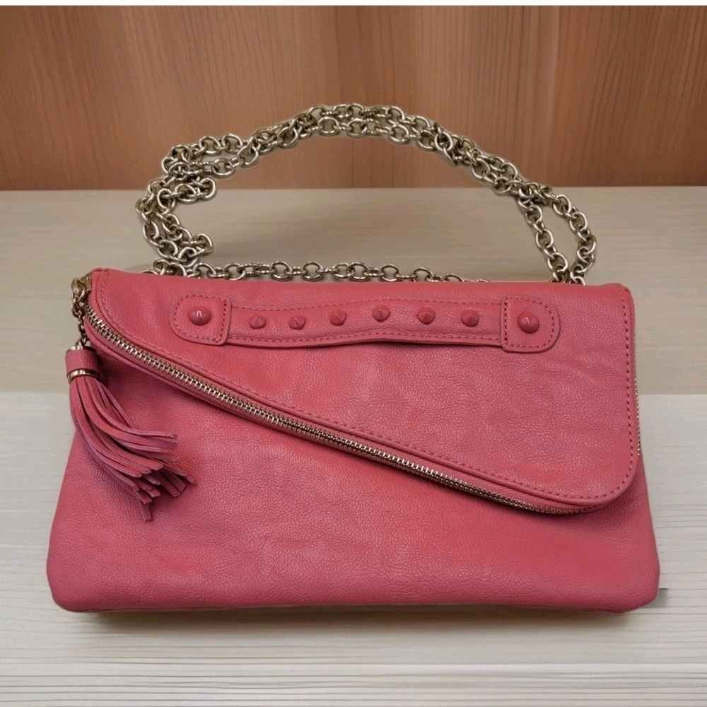 ALDO Pink Crossbody Clutch Shoulder Bag Handbag Purse Gold Accents Tassel Vegan
